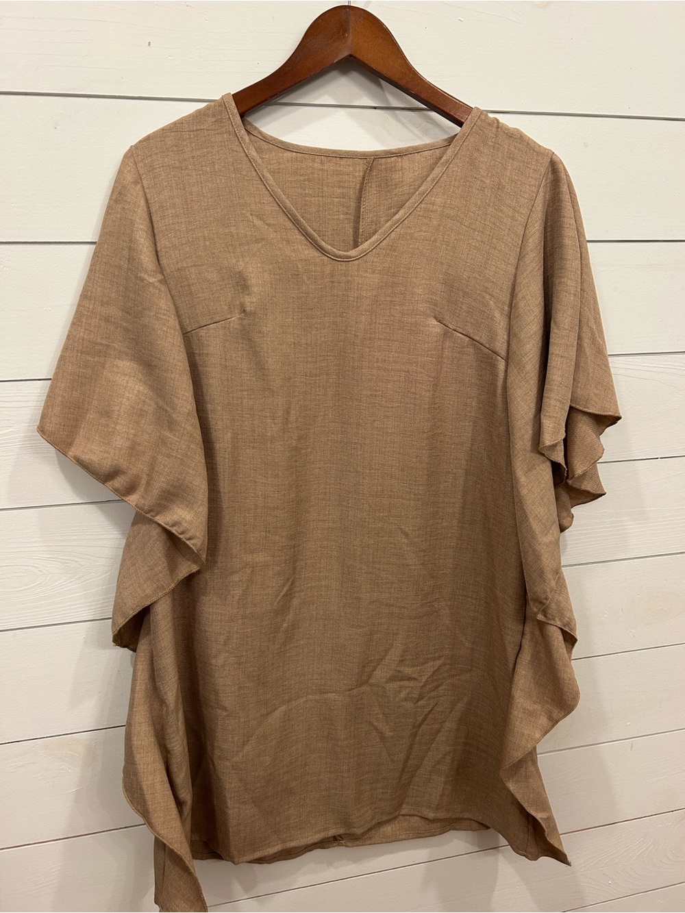 Women’s V-Neck Ruffle Sleeve dress in Light Brown